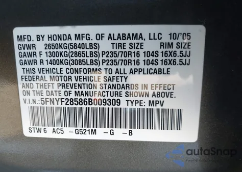2006 Honda Pilot Ex-L from USA, damaged, VIN 5FNYF28586B009309